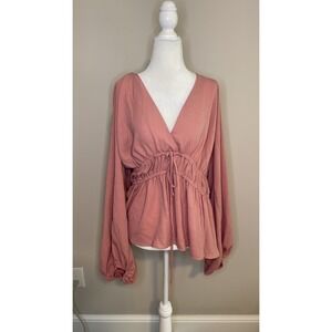 ASOS Design Blouse Top Long Sleeve Cinched Waist V-Neck Pink Size 16